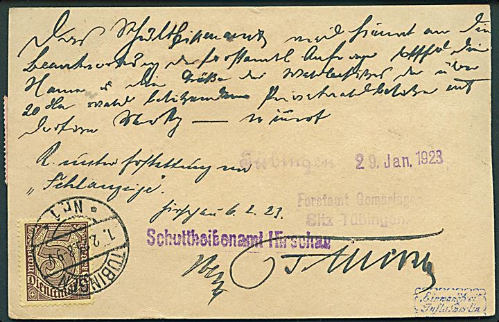 20 pfg. (5), 2 mk. (2), 5 mk. og 10 mk. (4) Tjenestemærker på for- og bagside af brevkort fra Tübingen d. 1.2.1923 til Hirschau.