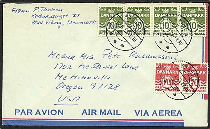 10 øre (4-stribe) og 70 øre (par) Bølgelinie på luftpostbrev fra Karup J. d. 12.9.1973 til Miminnville, USA.