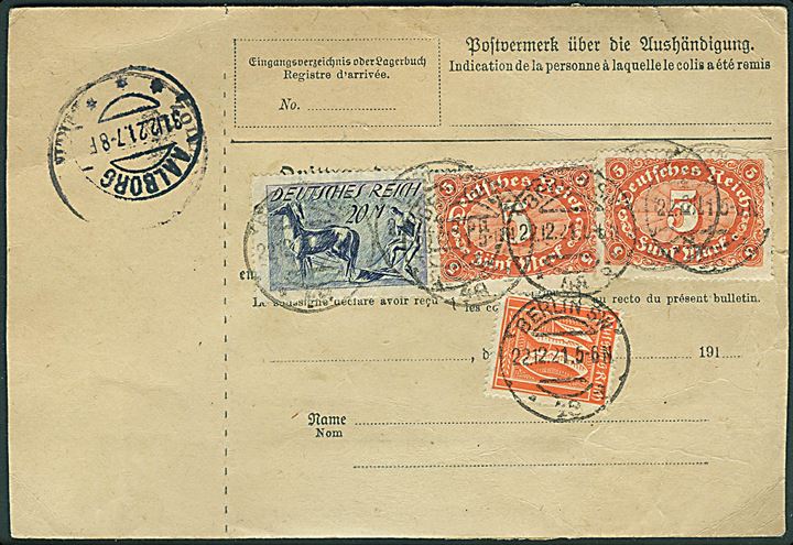 40 pfg., 5 mk. (2) Ciffer og 20 mk. Plovmand (2) på for- og bagside af internationalt adressekort for pakke fra Berlin d. 22.12.1921 via Hamburg og Fredericia til Aalborg, Danmark.