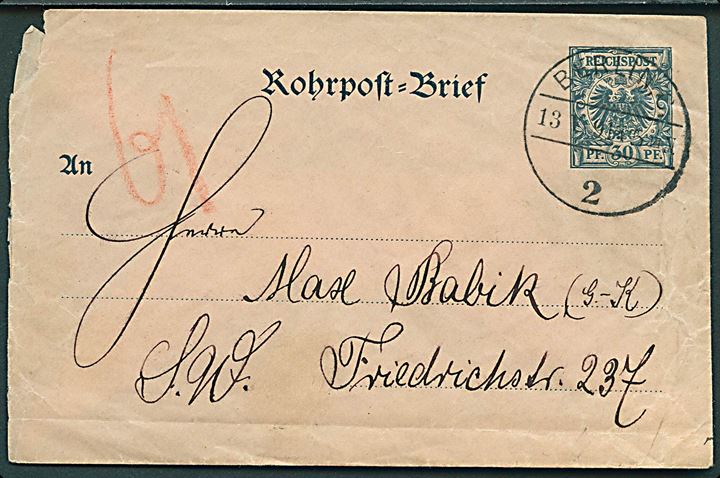 30 pfg. helsags rørpostkuvert sendt lokalt i Berlin d. 13.5.1891.