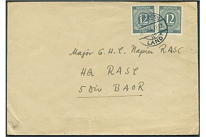 12 pfg. Ciffer (2) på brev fra Paderborn d. 18.11.1946 til britisk militæradresse: HQ RACS, 5 Div. BAOR. PÅ bagsiden britisk feltpoststempel Field Post Office.