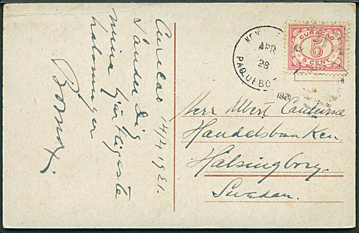 5 c. Ciffer på brevkort annulleret med amerikansk skibsstempel New York Paquebot d. 28.4.1921 til Helsingborg, Sverige.
