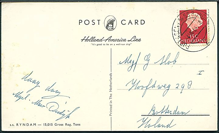 15 c. Juliana på brevkort (S/S Ryndam, Holland-America Line) annulleret med skibsstempel Postagent A/B S.S. Rijndam d. 4.8.1964 til Rotterdam.