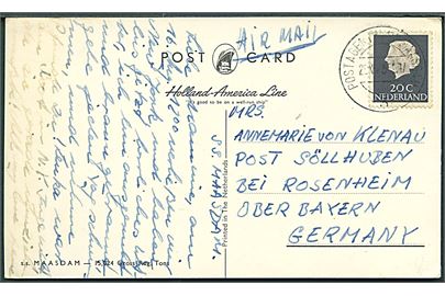 20 c. Juliana på brevkort (S/S Maasdam, Holland-America Line) annulleret med skibsstempel Postagent a/b S.S. Maasdam d. 25.12.196x til Rosenheim, Tyskland.