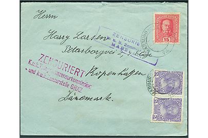 25 h. blandingsfrankeret brev fra Marburg d. x.11.1916 til København, Danmark. Østrigsk censur fra både Marburg og Graz. Flere mærker med skader.