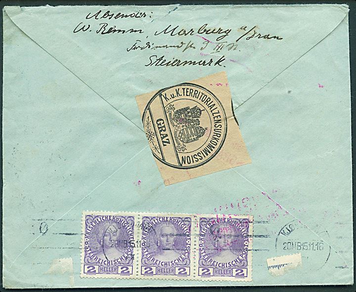 25 h. blandingsfrankeret brev fra Marburg d. x.11.1916 til København, Danmark. Østrigsk censur fra både Marburg og Graz. Flere mærker med skader.
