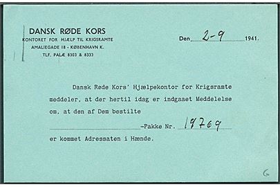 5 øre Bølgelinie på tryksagskort fra Dansk Røde Kors i København d. 2.9.1941 til Klampenborg. Kvittering for udlevering af nødhjælpspakke til krigsramt.