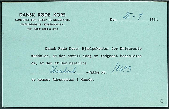 5+3 øre Røde Kors på tryksagskort fra Dansk Røde Kors i København d. 26.7.1941 til Klampenborg. Kvittering for udlevering af nødhjælpspakke til krigsramt.