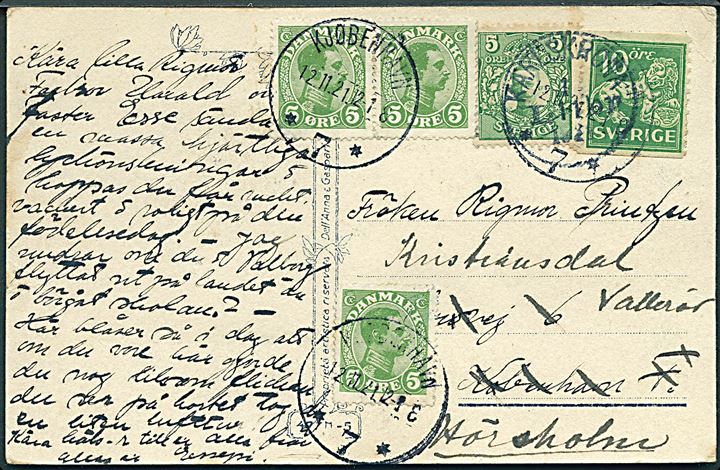 5 öre Gustaf og 10 öre Løve på brevkort fra Karlskrona d. 1.11.1921 til København, Danmark. Opfrankeret med 5 øre Chr. X (3) stemplet Kjøbenhavn d. 12.11.1921 og eftersendt til Hørsholm.