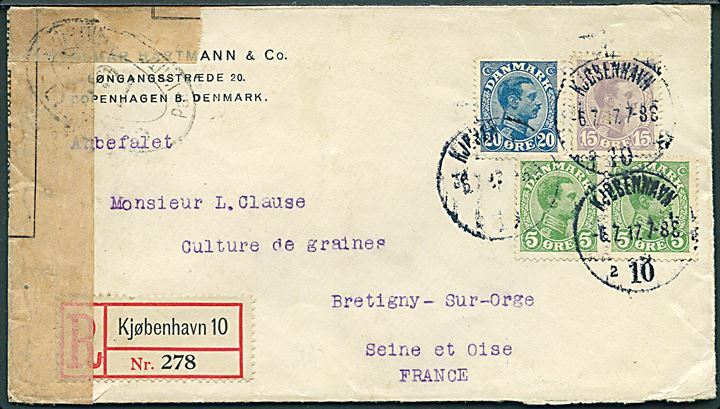 5 øre (par), 15 øre og 20 øre Chr. X på anbefalet brev fra Kjøbenhavn d. 6.7.1917 til Bretigny-sur-Orge, Frankrig. Åbnet af fransk censur no. 13 i Dieppe.