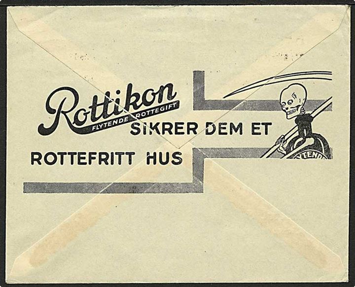 20 øre Løve på fortrykt firmakuvert Rottikon - flydende rottegift fra Oslo d. 27.1.1941 til Løgstør, Danmark. Ak og Ao stempler fra den tyske censur i Oslo og København.