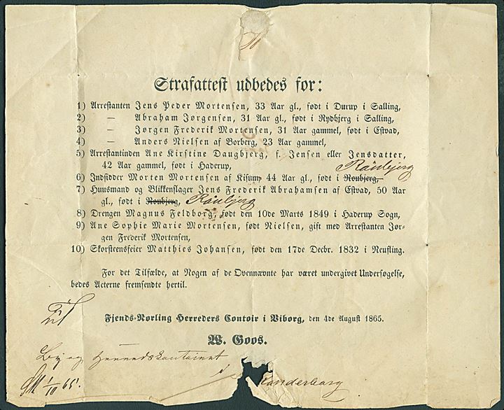1865. Tjenestebrev mærket K.T.m.A. med blåt antiqua Viborg d. 5.8.1865 via Aarhus til Skanderborg. Skrivelse vedr. Straffeattest.