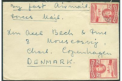 1½d George VI (2) på Forces Air Mail brev annulleret med svagt stempel til København, Danmark. Sendt fra dansker i britisk tjeneste ved N. E. Bech 2/Lieut., M.T.O., Hq. WAC Accra, Gold Coast.