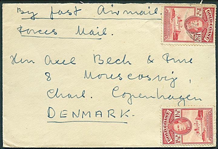 1½d George VI (2) på Forces Air Mail brev annulleret med svagt stempel til København, Danmark. Sendt fra dansker i britisk tjeneste ved N. E. Bech 2/Lieut., M.T.O., Hq. WAC Accra, Gold Coast.