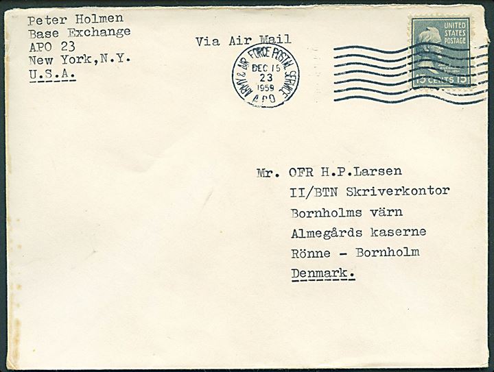 Amerikansk 15 c. på luftpostbrev stemplet Army & Air Force Postal Service APO 23 (= Thule Air Base) d. 15.12.1959 til Almegaards Kaserne, Rønne, Bornholm.