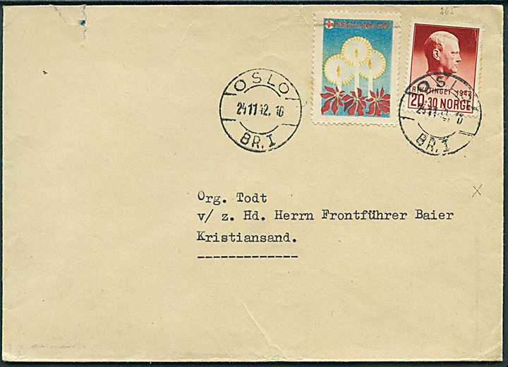 20+30 øre Rikstinget 1942 og Røde Kors mærke på brev fra Oslo d. 24.11.1942 til Org. Todt i Kristiansand.