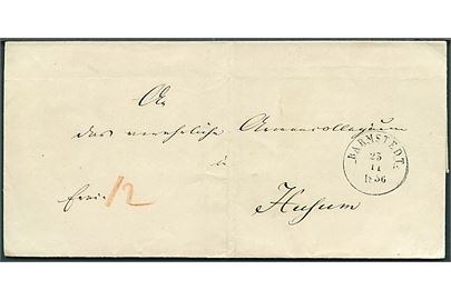 1856. Tjenestebrev med 1½ ringsstempel Barmstedt. d. 23.11.1856 til Husum.