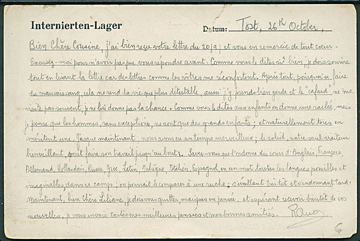 Ufrankeret krigsfangekort fra britisk civilinterneret, R. van Maele, i Ilag VIII H (= Tost) med stumt stempel d. 2.11.1942 til St. Gilles, Belgien. Blå lejrcensur.