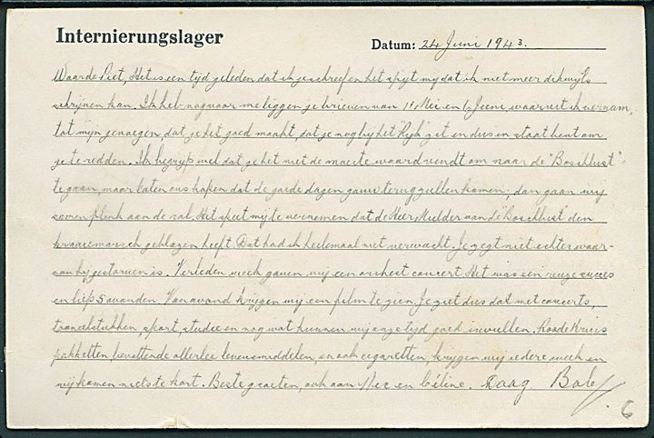 Ufrankeret krigsfangekort fra britisk civilinterneret, Robert Johnston, i Ilag VIII H (= Tost) med stumt stempel d. 28.6.1943 til Haag, Holland. Blå lejrcensur.