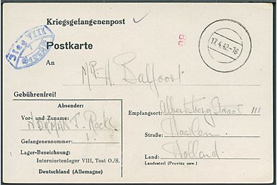 Ufrankeret krigsfangekort fra britisk civilinterneret, Norman J. Rocks, i Ilag VIII H (= Tost) med stumt stempel d. 17.4.1942 til Haarlem, Holland. Blå lejrcensur.