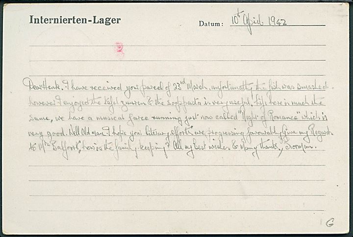 Ufrankeret krigsfangekort fra britisk civilinterneret, Norman J. Rocks, i Ilag VIII H (= Tost) med stumt stempel d. 17.4.1942 til Haarlem, Holland. Blå lejrcensur.