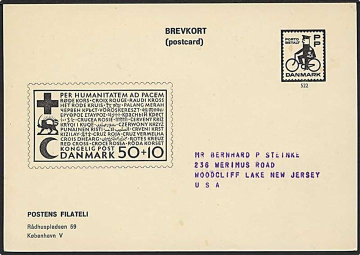 Ufrankeret brevkort med PP tiltryk og billede af 50+10 øre Røde Kors udg. fra Postens Filateli i København 1965 til Woodcliff Lake, USA.