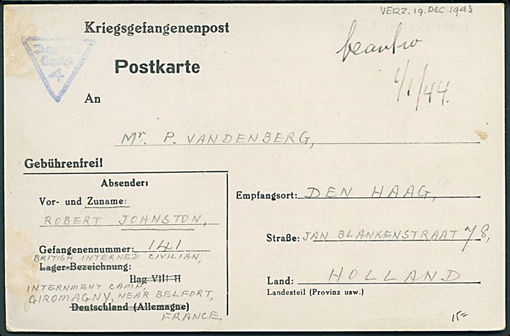 Ufrankeret krigsfangekort fra britisk civilinterneret, Robert Johnstons, i Ilag Giromagny dateret d. 19.12.1943 til Haag, Holland. Blå lejrcensur.