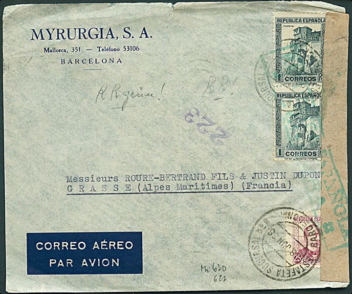 25 stc. og 1 p. (2) på luftpostbrev fra Barcelona d. 30.6.1936 til Grasse, Frankrig. Åbnet af spansk censur i Barcelona.