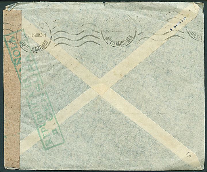 25 stc. og 1 p. (2) på luftpostbrev fra Barcelona d. 30.6.1936 til Grasse, Frankrig. Åbnet af spansk censur i Barcelona.
