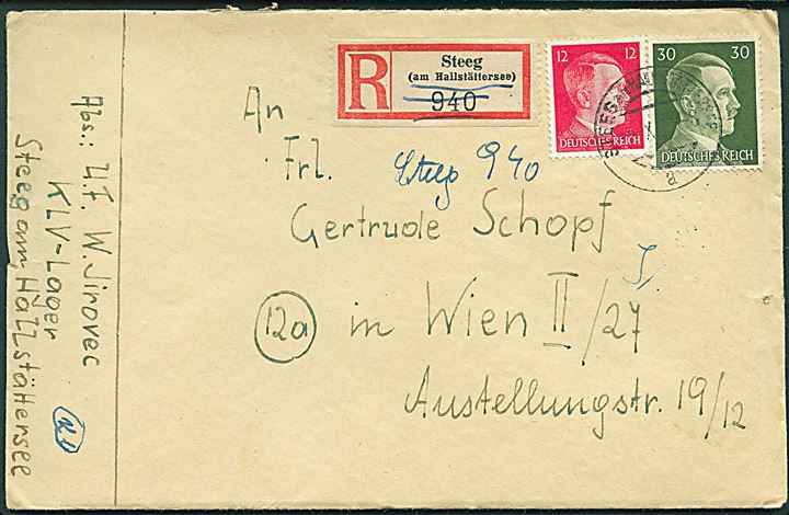 12 pfg. og 30 pfg. Hitler på anbefalet brev fra Steeg d. 3.10.1944 til Wien. Sendt fra KLV-lager  (Kinderlandverschickung = børneevakueringslejr).