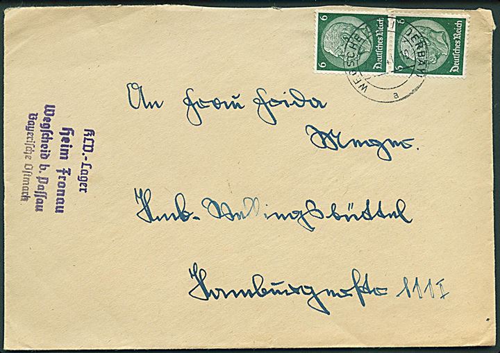 6 pfg. Hindenburg i parstykke på brev fra Wegscheid d. 23.5.1941 til Hamburg. Afs.-stempel fra KLV-lager  (Kinderlandverschickung = børneevakueringslejr).