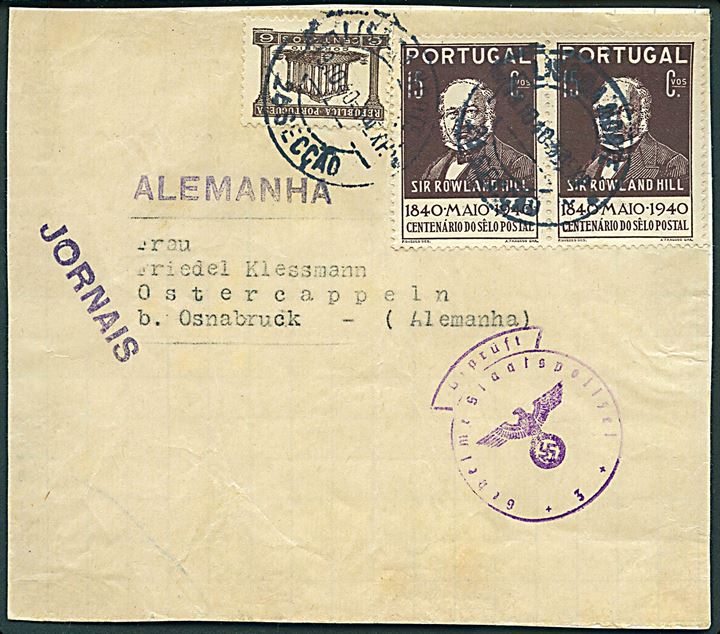 6 cts. og 15 cts. (par) på del af korsbånd fra Lissabon d. 19.10.1940 til Osnabrück, Tyskland. Sjælden Gestapo tryksagscensur. Opklæbet på papir.