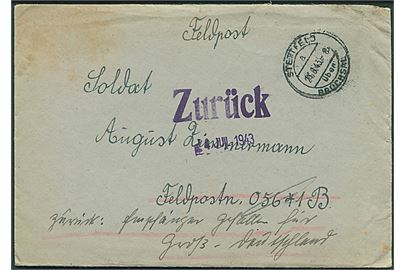 Ufrankeret feltpostbrev fra Stettfels über Bruchsal d. 21.6.1943 til soldat ved feldpost-nr. 05641B (= 6. Kompanie Jäger-Regiment 56 på østfronten). Returneret med påskrift Empfänger gefallen für Gross-Deutschland.