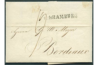 1805. Portobrev med indhold dateret i Altona d. 24.5.1805 til Bordeaux, Frankrig. Liniestempel R. 4 Hamburg.