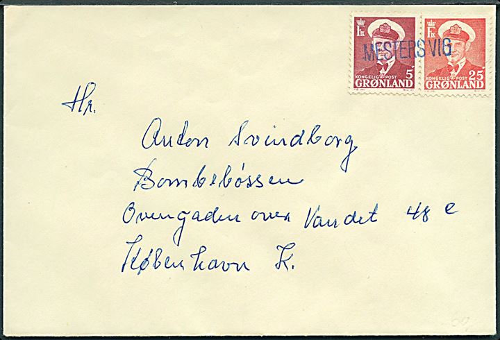 5 øre og 25 øre Fr. IX på brev annulleret med blåt liniestempel MESTERS VIG til København.