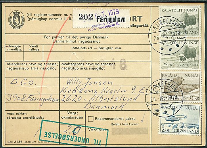 2 kr. Helikopter, 10 kr. Hvalros og 25 kr. Moskus (par) på 62 kr. frankeret adressekort for pakke stemplet Færingehavn d. 26.10.1979 til Albertslund, Danmark.