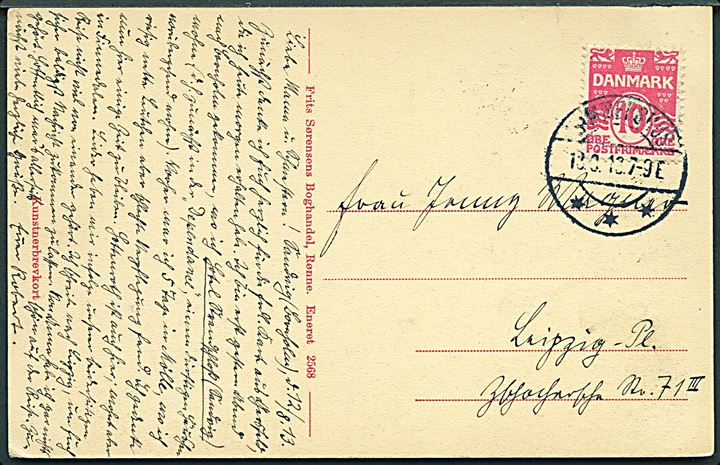10 øre Bølgelinie på brevkort annulleret med brotype IIa Hammershus d. 13.8.1913 til Leipzig, Tyskland.