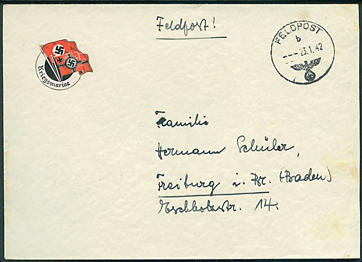 Ufrankeret tysk feltpostbrev med Krigsmarine mærket stemplet Feldpost d. 23.1.1942 til Freiburg, Tyskland. Sendt fra feldpost 32763B (= Marine-Flak-Abteilung 204 stationeret i Esbjerg).