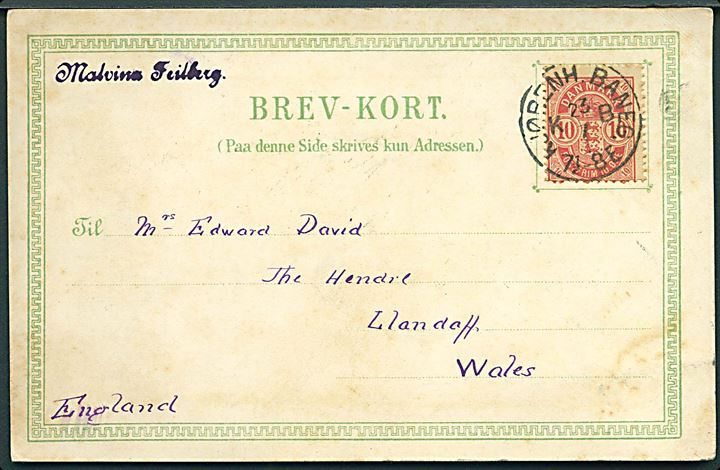 10 øre Våben med variant Åbent 0 på brevkort (Hilsen fra Danmark) stemplet Kjøbenh. Baneg. d. 23.7. ca. 1900 til Llandaff, Wales.