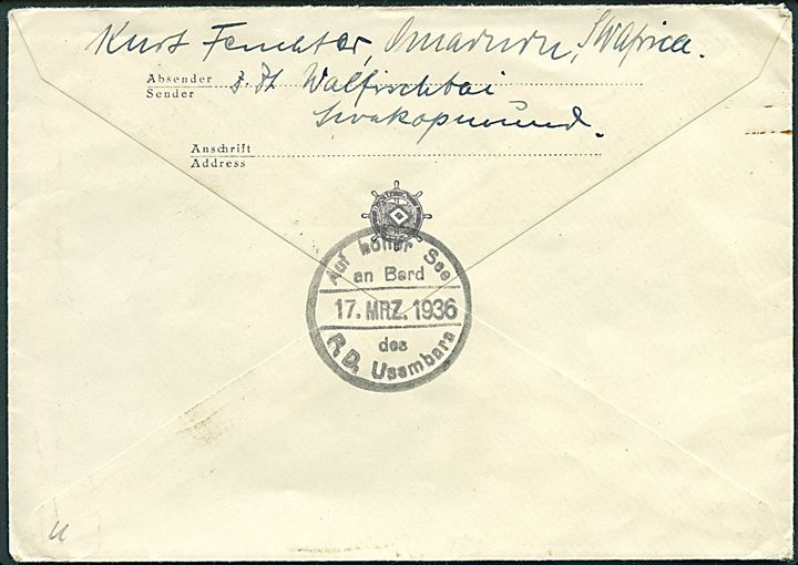 3d på brev fra Walvis Bay d. 18.3.1936 til Ulm, Tyskland. På bagsiden skibsstempel: Auf hoher See an Bord des R.D. Usambara d. 17.3.1936