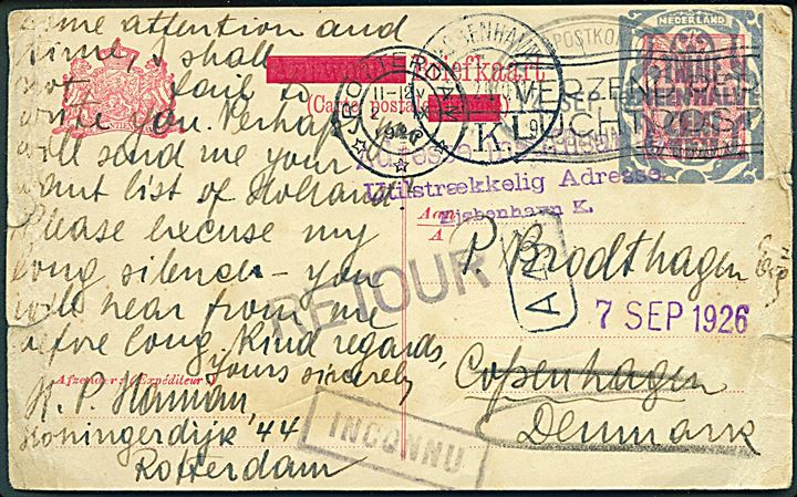 12½/5 c. Provisorisk helsagsbrevkort fra Rotterdam d. 2.9.1926 til København, Danmark. Retur som ubekendt via Returpostkontoret med flere stempler. Slidt i siderne.