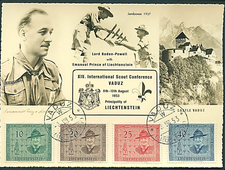 Komplet sæt Spejder fører Kongres udg. på uadresseret maxikort med prins Emanuel og Baden-Powell stemplet Vaduz d. 8.8.1953. Høj mærkeværdi 