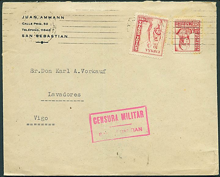 10 cts. Cruzada Contra og 30 cts. Isabel på brev fra San Sebastian d. 11.7.1937 til Vigo. Lokal censur fra San Sebastian.