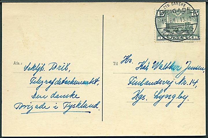 15 øre DSB på brevkort fra Jever annulleret Den danske Brigade / 2 / * i Tyskland * d. 19.10.1947 til Lyngby.