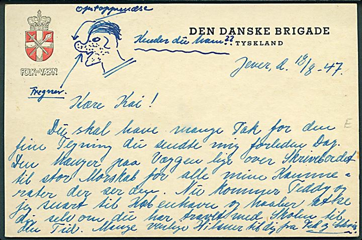 15 øre DSB på brevkort fra Jever annulleret Den danske Brigade / 2 / * i Tyskland * d. 19.10.1947 til Lyngby.