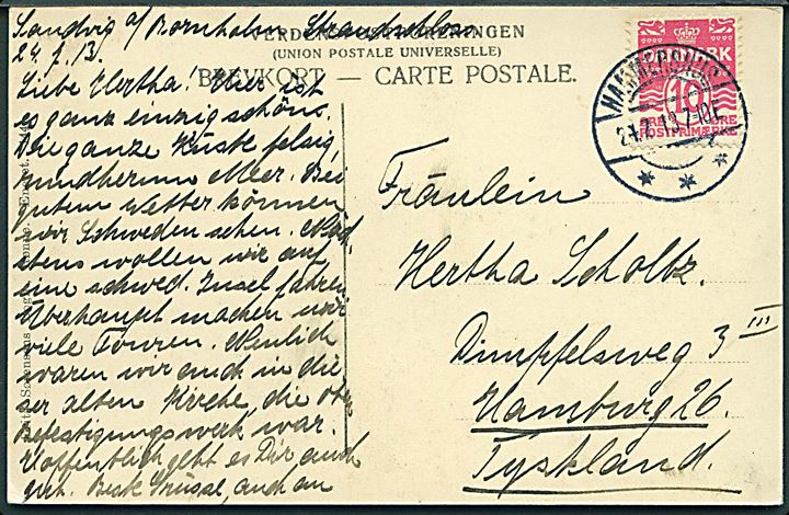 10 øre Bølgelinie på brevkort annulleret med brotype IIa Hammershus d. 24.7.1913 til Hamburg, Tyskland.