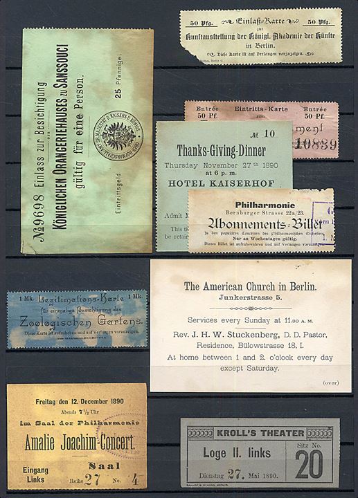 Planche med diverse entre-biletter fra Berlin ca. 1890.