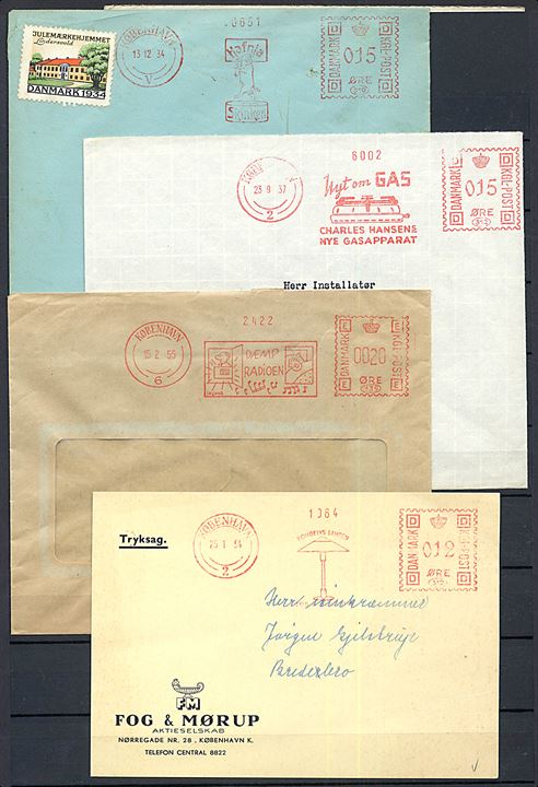 Illustrerede firmafrankostempler. 9 breve og brevforside fra perioden 1934-1955.