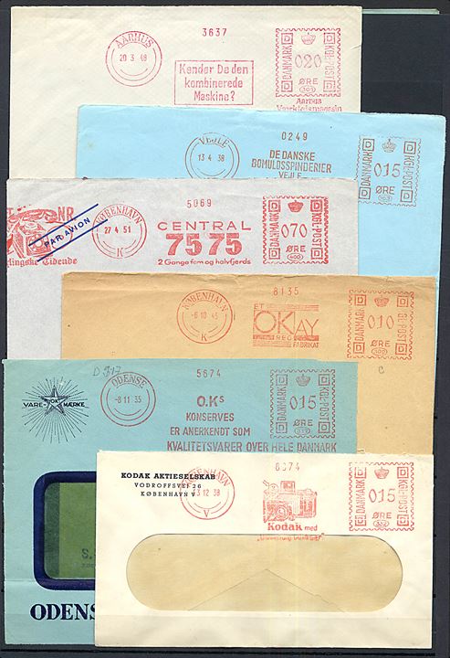 Illustrerede firmafrankostempler. 9 breve og brevforside fra perioden 1934-1955.