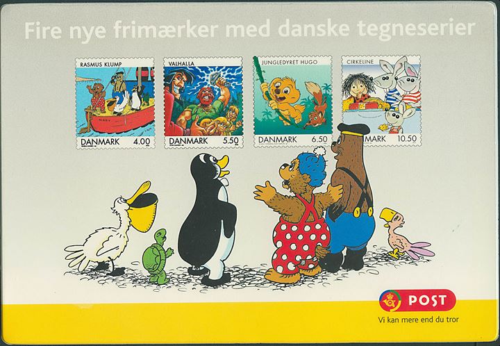 Mussemåtte fra Post Danmark. Reklame for fire nye frimærker med danske tegneserier.